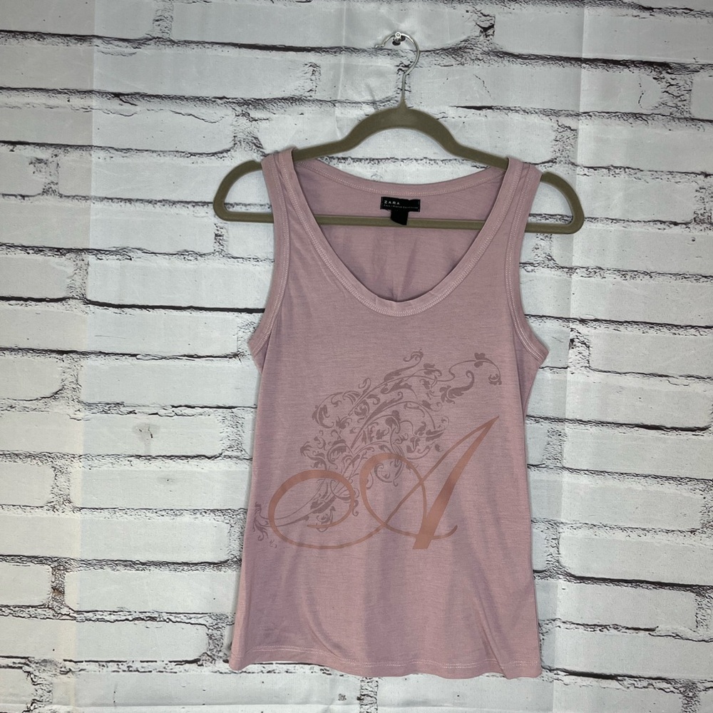 Zara Pastel Pink Graphic Sleeveless Tank Top Crew Loose Fit Summer Shirt SZ M